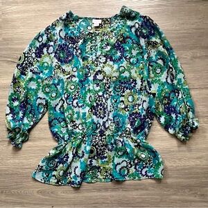 Floral Sheer Peasant Blue and Green Blouse